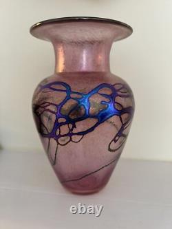 Beautiful Robert Held Canada Pink Art Glass Vase In Pink And Iridescent Blue