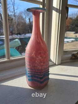 Beautiful Studio Art Glass Bottle Vase Hexagonal Pink And Blue 10.5 Inches Tall