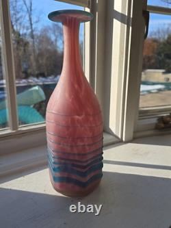 Beautiful Studio Art Glass Bottle Vase Hexagonal Pink And Blue 10.5 Inches Tall