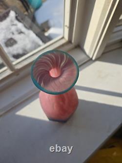 Beautiful Studio Art Glass Bottle Vase Hexagonal Pink And Blue 10.5 Inches Tall