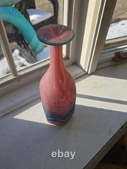 Beautiful Studio Art Glass Bottle Vase Hexagonal Pink And Blue 10.5 Inches Tall