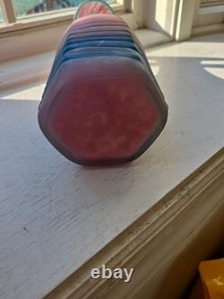 Beautiful Studio Art Glass Bottle Vase Hexagonal Pink And Blue 10.5 Inches Tall