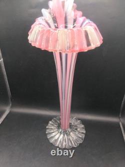 Beautiful Vintage Art Glass Handmade Cane Glass Pink Vase 12.5