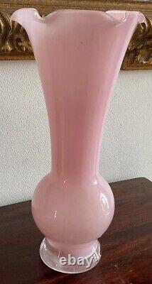 Beautiful Vintage Large Pale Pink Art Glass Vase Ruffled Rim- Italy