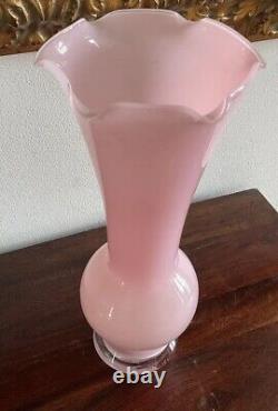 Beautiful Vintage Large Pale Pink Art Glass Vase Ruffled Rim- Italy