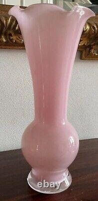 Beautiful Vintage Large Pale Pink Art Glass Vase Ruffled Rim- Italy