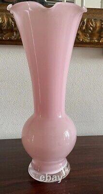 Beautiful Vintage Large Pale Pink Art Glass Vase Ruffled Rim- Italy