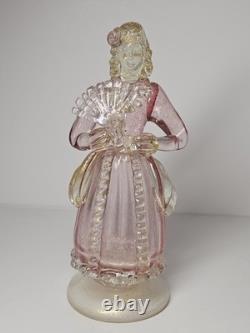 Beautiful Vintage Midcentury Murano Art Glass Lady With Fan Figure WithPink & Gold