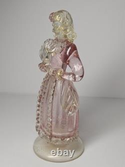 Beautiful Vintage Midcentury Murano Art Glass Lady With Fan Figure WithPink & Gold