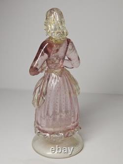 Beautiful Vintage Midcentury Murano Art Glass Lady With Fan Figure WithPink & Gold
