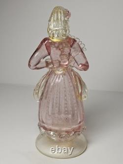 Beautiful Vintage Midcentury Murano Art Glass Lady With Fan Figure WithPink & Gold