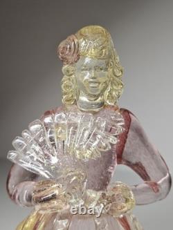 Beautiful Vintage Midcentury Murano Art Glass Lady With Fan Figure WithPink & Gold