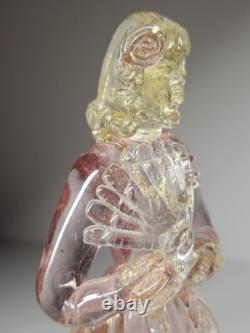 Beautiful Vintage Midcentury Murano Art Glass Lady With Fan Figure WithPink & Gold