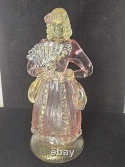 Beautiful Vintage Midcentury Murano Art Glass Lady With Fan Figure WithPink & Gold