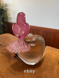 Beautiful Vintage Murano Glass Pink Bird on Apple Sculpture