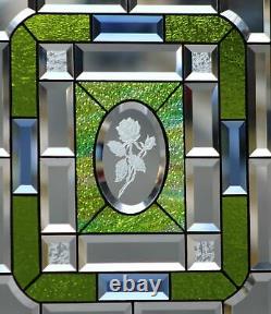 Beveled Rose Stained Glass Window Panel- Hanging 18 5/8x16 1/2
