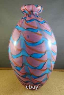 Big Heavy 11.5X6.5 MURANO Blown Blue Pink Swirl Art Glass Vase Vivid New Stable