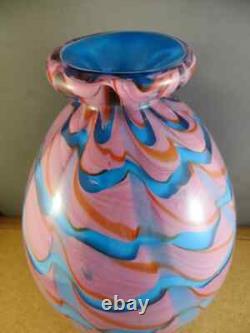 Big Heavy 11.5X6.5 MURANO Blown Blue Pink Swirl Art Glass Vase Vivid New Stable