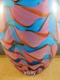 Big Heavy 11.5X6.5 MURANO Blown Blue Pink Swirl Art Glass Vase Vivid New Stable