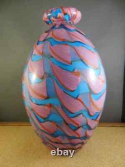 Big Heavy 11.5X6.5 MURANO Blown Blue Pink Swirl Art Glass Vase Vivid New Stable