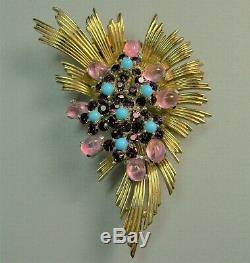 Big Vintage Signed BOUCHER Blue Purple Pink Art Glass Spray Fur Clip Brooch Pin