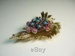 Big Vintage Signed BOUCHER Blue Purple Pink Art Glass Spray Fur Clip Brooch Pin