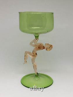 Bimini Austrian Lampworked Green Spirit Glass with Rare Pink Nude Stem c. 1930's