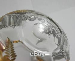 Blown Crystal Crimped Rose Bowl Etched Glass Gilding Ferns VTG Unsigned Moser