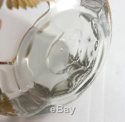 Blown Crystal Crimped Rose Bowl Etched Glass Gilding Ferns VTG Unsigned Moser
