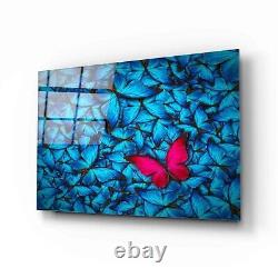 Blue and Shocking Pink Butterflies Classic Glass Wall Art Home Deco Modern Love