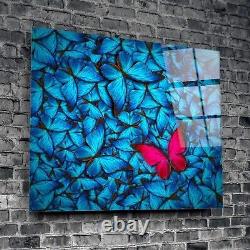 Blue and Shocking Pink Butterflies Classic Glass Wall Art Home Deco Modern Love