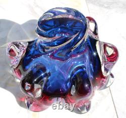 Bohemia Art Glass Dish By Jozef Hospodka For Chribska Glassworks 1960's Blue Red