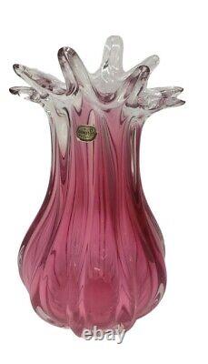 Bohemia Chribska Art Glass Czech Republic Vase Pink Color Petal Top