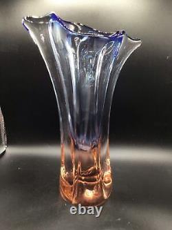 Bohemian Czech Art Glass Vase Pink and Blue Hand Blown Mid Century Molded Vase