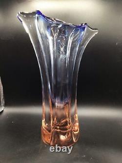 Bohemian Czech Art Glass Vase Pink and Blue Hand Blown Mid Century Molded Vase