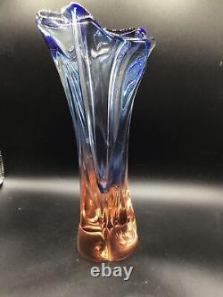 Bohemian Czech Art Glass Vase Pink and Blue Hand Blown Mid Century Molded Vase