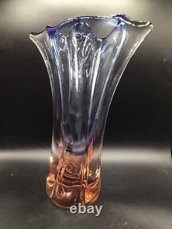 Bohemian Czech Art Glass Vase Pink and Blue Hand Blown Mid Century Molded Vase