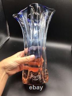 Bohemian Czech Art Glass Vase Pink and Blue Hand Blown Mid Century Molded Vase