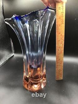 Bohemian Czech Art Glass Vase Pink and Blue Hand Blown Mid Century Molded Vase