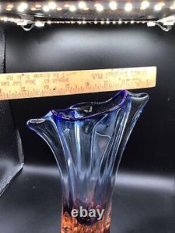 Bohemian Czech Art Glass Vase Pink and Blue Hand Blown Mid Century Molded Vase