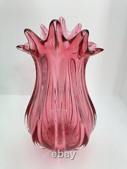 Bohemian Czech Chribska Handblown Cranberry/Pink Art Glass Vase Joseph Hospodka