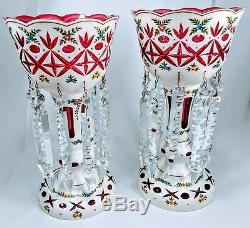 Bohemian Czech Overlay Cut to Cranberry Red Enamel Flower Glass Mantle Lusters