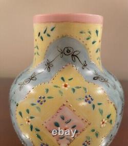 Bohemian Enameled Pastel Pink, Blue, and Yellow Moroccan Ware Art Glass Vase