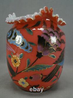 Bohemian Harrach Enameled Art Nouveau Birds & Flowers Pink Cased & Ruffled Vase