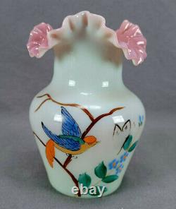 Bohemian Harrach Hand Enameled Bird & Flowers White Cased Pink Ruffled Vase