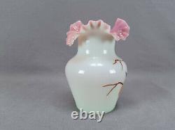 Bohemian Harrach Hand Enameled Bird & Flowers White Cased Pink Ruffled Vase