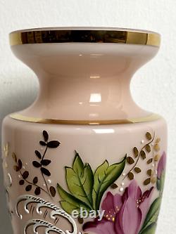 Bohemian Moser Large Vase Pink Opaline & Enamel Flowers Art Glass Gold Plated