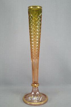 Bohemian Moser Type Green & Pink Cut Fans & Diamonds & Gold 19 3/4 Inch Vase