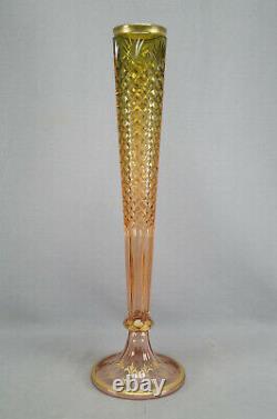 Bohemian Moser Type Green & Pink Cut Fans & Diamonds & Gold 19 3/4 Inch Vase