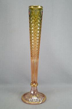 Bohemian Moser Type Green & Pink Cut Fans & Diamonds & Gold 19 3/4 Inch Vase